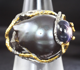 Серебряное кольцо с цветной жемчужиной барокко 43,16 карата и звездчатым сапфиром Серебро 925