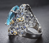 Серебряное кольцо с голубым топазом лазерной огранки 9,26 карата и синими сапфирами Серебро 925