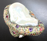 Серебряное кольцо с жемчужиной барокко 37,47 карата, аметистами, родолитами и разноцветными сапфирами Серебро 925