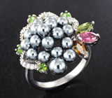Изысканное серебряное кольцо с цветным жемчугом, разноцветными турмалинами и диопсидами Серебро 925