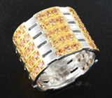 Широкое cеребряное кольцо с сапфирами падпараджа Серебро 925