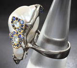 Серебряное кольцо с жемчужиной барокко 68,26 карата, аквамаринами и синими сапфирами Серебро 925