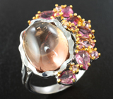 Серебряное кольцо с кабошоном турмалина 9,02 карата, розовыми сапфирами и турмалинами