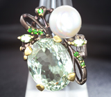 Серебряное кольцо с зеленым аметистом, жемчужиной, перидотами и диопсидами Серебро 925