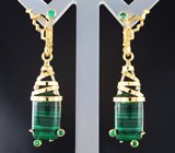 Золотые серьги с уральским малахитом 16,77 карата, изумрудами и бриллиантами Золото