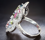 Праздничное серебряное кольцо с разноцветными турмалинами, танзанитами и бесцветными топазами Серебро 925