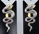 Серебряные серьги «Змейки» с розовыми турмалинами и сапфирами Серебро 925