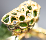 Золотое кольцо с фантастическим неоново-зеленым турмалином 35,36 карата и бриллиантами Золото