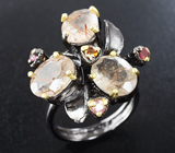 Серебряное кольцо с рутиловым кварцем, желтым и розовыми турмалинами Серебро 925