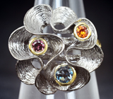 Оригинальное серебряное кольцо с топазом, родолитом и цитрином Серебро 925