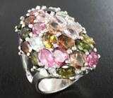 Крупное серебряное кольцо с разноцветными турмалинами Серебро 925