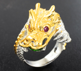Скульптурное серебряное кольцо «Дракон» с диопсидом и рубинами Серебро 925