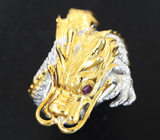 Скульптурное серебряное кольцо «Дракон» с диопсидом и рубинами Серебро 925