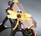 Сеебряное кольцо с розовым кварцем 26+ карата, родолитами и черными шпинелями Серебро 925