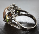Серебряное кольцо с солнечным камнем с эффектом кошачьего глаза и турмалинами Серебро 925
