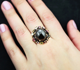 Серебряное кольцо с черной шпинелью, родолитами и разноцветными турмалинами Серебро 925