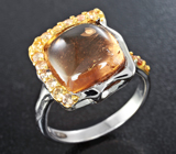 Серебряное кольцо с медовым турмалином 8,85 карата и желтыми сапфирами Серебро 925