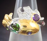 Оригинальное серебряное кольцо с диопсидами, аметистом, изумрудом, родолитом и синим сапфиром Серебро 925