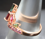 Праздничное серебряное кольцо с рубином, разноцветными турмалинами и родолитами Серебро 925