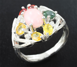 Праздничное серебряное кольцо с перуанским розовым опалом и разноцветными сапфирами Серебро 925
