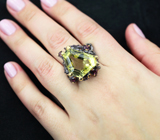 Серебряное кольцо с лимонным цитрином авторской огранки 21+ карат, родолитами, аметистами и сапфирами Серебро 925