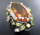 Серебряное кольцо с коньячным цитрином 35+ карат, перидотами и желтыми цитринами Серебро 925