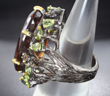 Серебряное кольцо с коньячным цитрином 35+ карат, перидотами и желтыми цитринами Серебро 925
