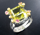 Серебряное кольцо с лимонным цитрином 8,96 карата и розовыми турмалинами Серебро 925