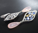 Элегантные серебряные серьги с розовым кварцем и танзанитами Серебро 925