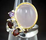 Серебряное кольцо с розовым кварцем 13+ карат, мозамбикскими гранатами и аметистом Серебро 925