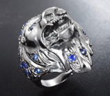 Скульптурное массивное серебряное кольцо «Лев» с синими сапфирами Серебро 925