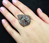 Скульптурное массивное серебряное кольцо «Лев» с синими сапфирами Серебро 925