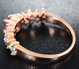 Изящное серебряное кольцо с розовым турмалином, перидотами, голубыми топазами Серебро 925