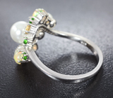 Чудесное серебряное кольцо с жемчугом, кристаллическими эфиопскими опалами, цитринами и диопсидами Серебро 925