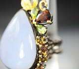 Серебряное кольцо с халцедоном 28+ карат, турмалинами и перидотами Серебро 925