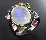 Серебряное кольцо с лунным камнем и разноцветными турмалинами Серебро 925