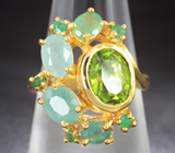 Оригинальное серебряное кольцо с перидотом, изумрудами и зелеными бериллами Серебро 925