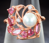 Ажурное серебряное кольцо с жемчужиной и розовыми турмалинами