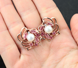Ажурные серебряные серьги с жемчугом и розовыми турмалинами Серебро 925