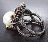 Серебряное кольцо с жемчужиной, родолитом и аметистами