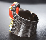 Серебряное кольцо с карнелианом, перидотом, голубым топазом и желтыми турмалинами Серебро 925