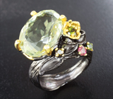 Серебряное кольцо с зеленым аметистом 19+ карата, диопсидами, желтым и розовым турмалинами Серебро 925