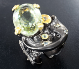 Серебряное кольцо с зеленым аметистом 18+ карат, цитрином и голубыми топазами