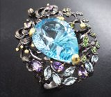 Серебряное кольцо c крупным топазом лазерной огранки, малыми голубыми топазами, аметистами и диопсидами Серебро 925
