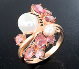 Изысканное серебряное кольцо с жемчугом и розовыми турмалинами Серебро 925