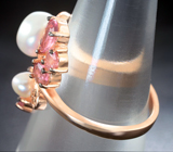 Изысканное серебряное кольцо с жемчугом и розовыми турмалинами Серебро 925