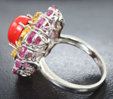 Яркое серебряное кольцо с кораллом, цитринами и рубинами Серебро 925