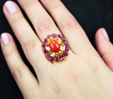 Яркое серебряное кольцо с кораллом, цитринами и рубинами Серебро 925