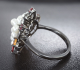 Великолепное серебряное кольцо с жемчугом и разноцветными сапфирами Серебро 925