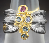 Стильное серебряное кольцо с родолитом, танзанитом и насыщенно-синими топазами Серебро 925
